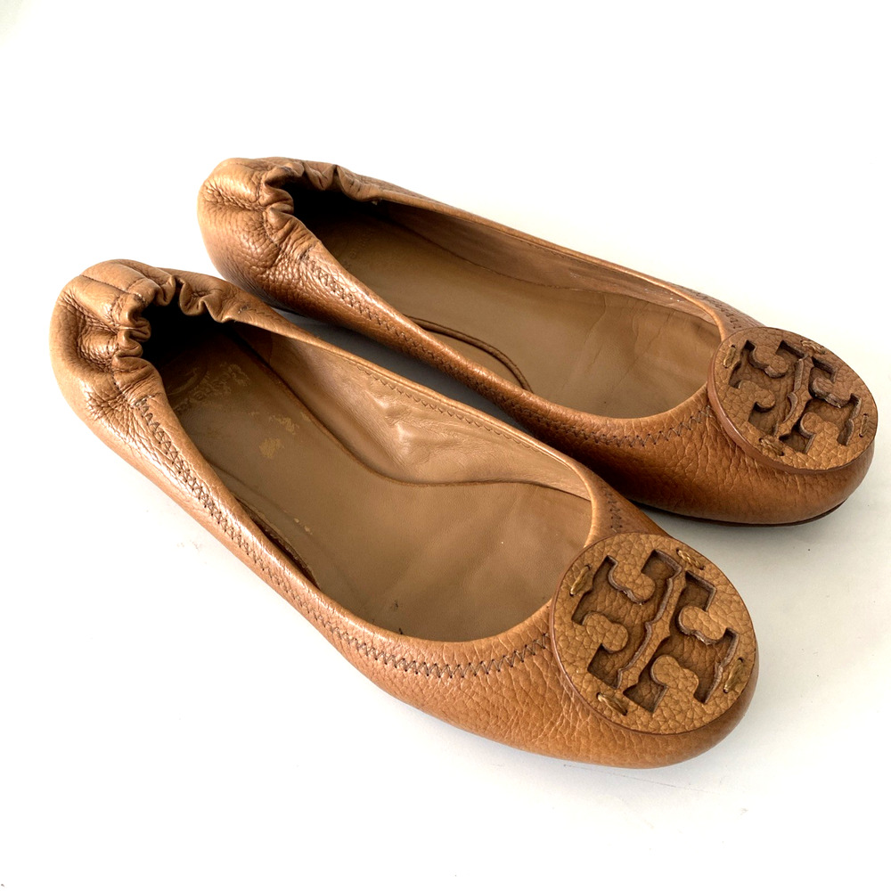 TORY BURCH Classic Minnie Ballet Flat Brown Leather Logo Slip On Round Toe Tan 9 - Picture 2 of 9